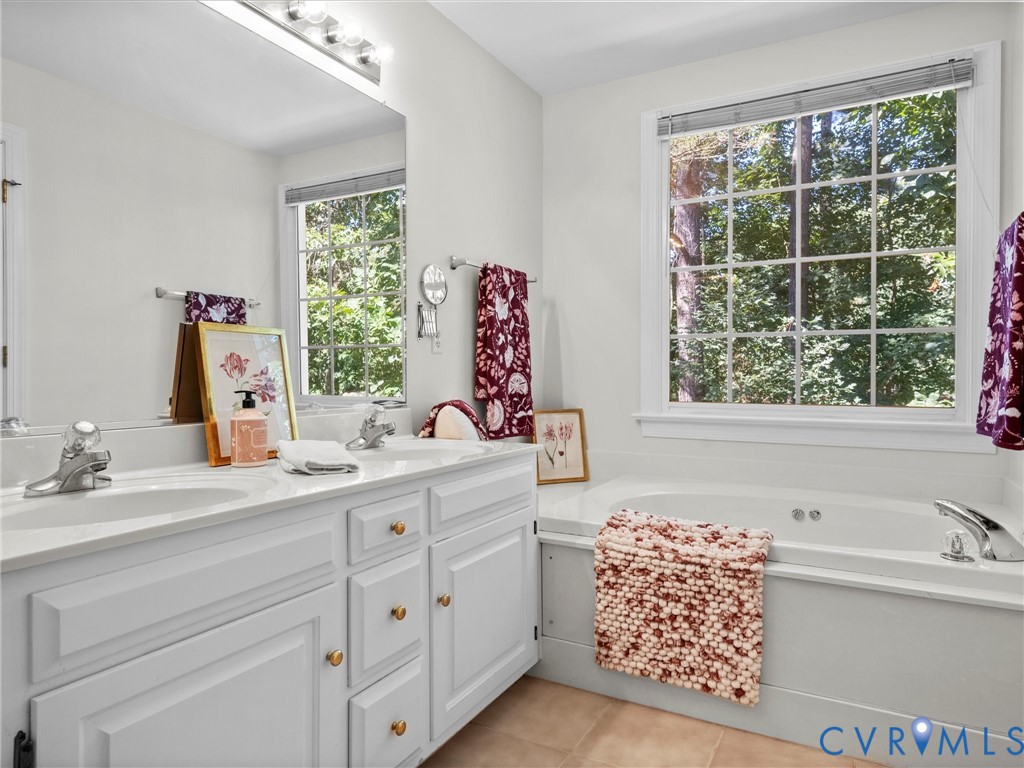 Dual vanity with white cabinetry and gold-toned hardware