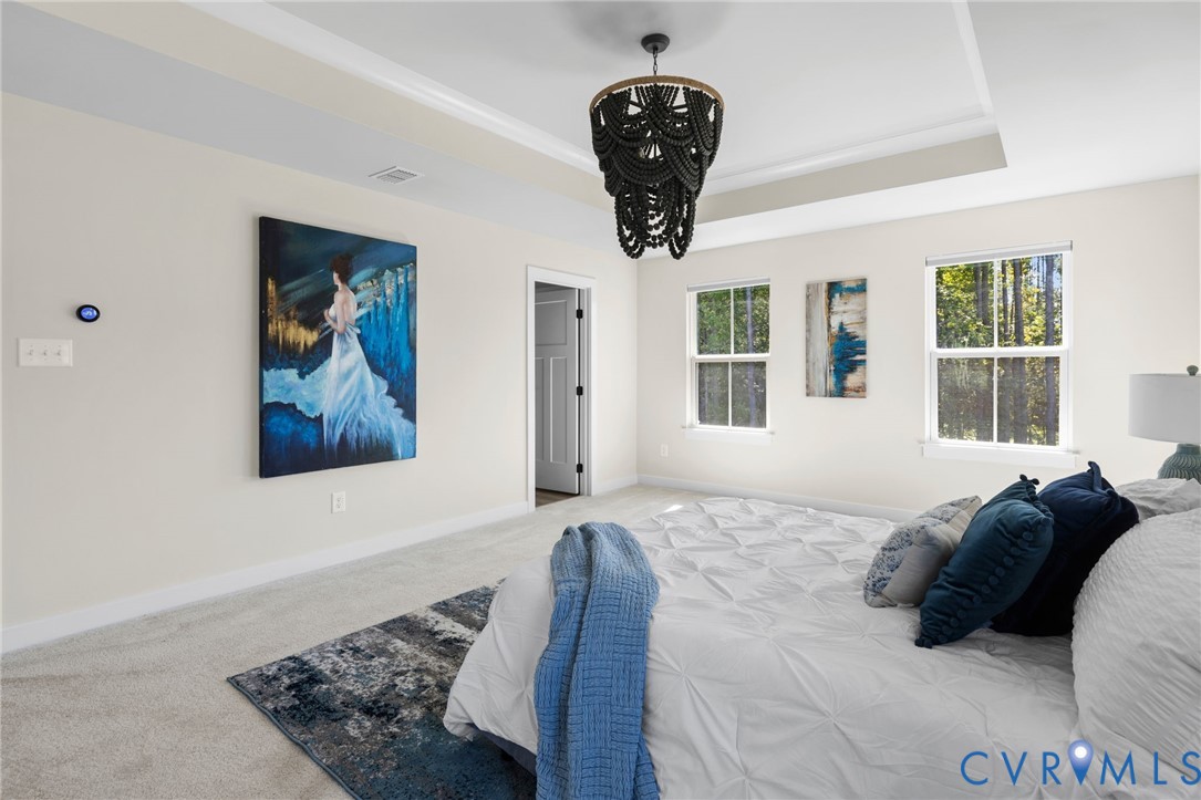 Tray ceiling with a decorative chandelier, two double-hung windows, light-toned carpeting, and a paneled interior door