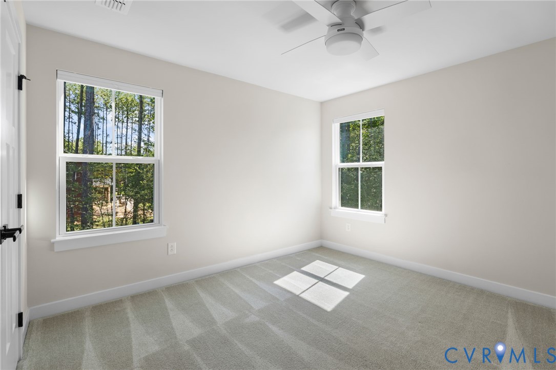 Neutral tone walls, ceiling fan, carpeted flooring, and white trim