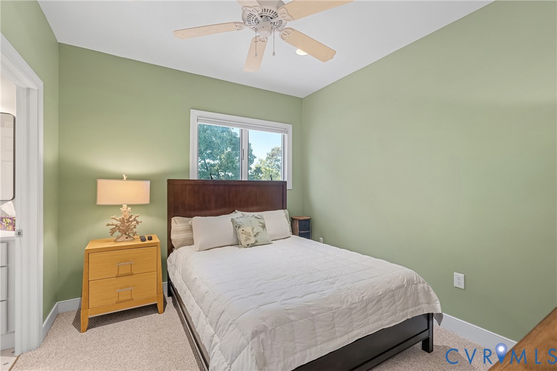 Room featuring a ceiling fan, window with exterior landscaping visible, and carpet flooring