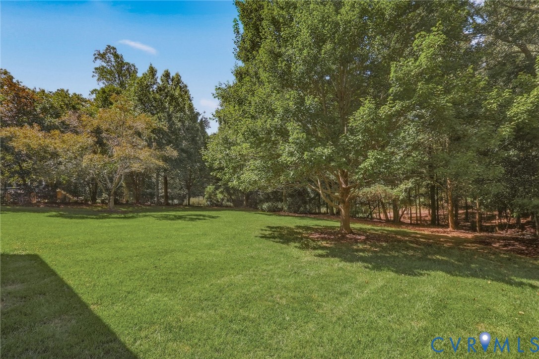 Expansive green lawn surrounded by mature trees and natural landscaping