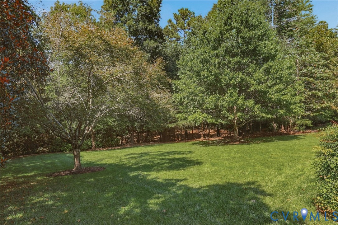 Expansive grassy lawn with mature trees and natural landscaping
