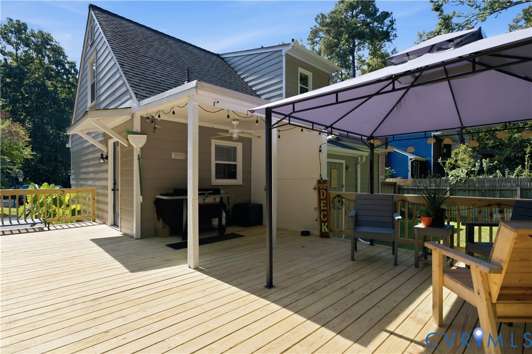 Expansive wood deck with a partial covered area