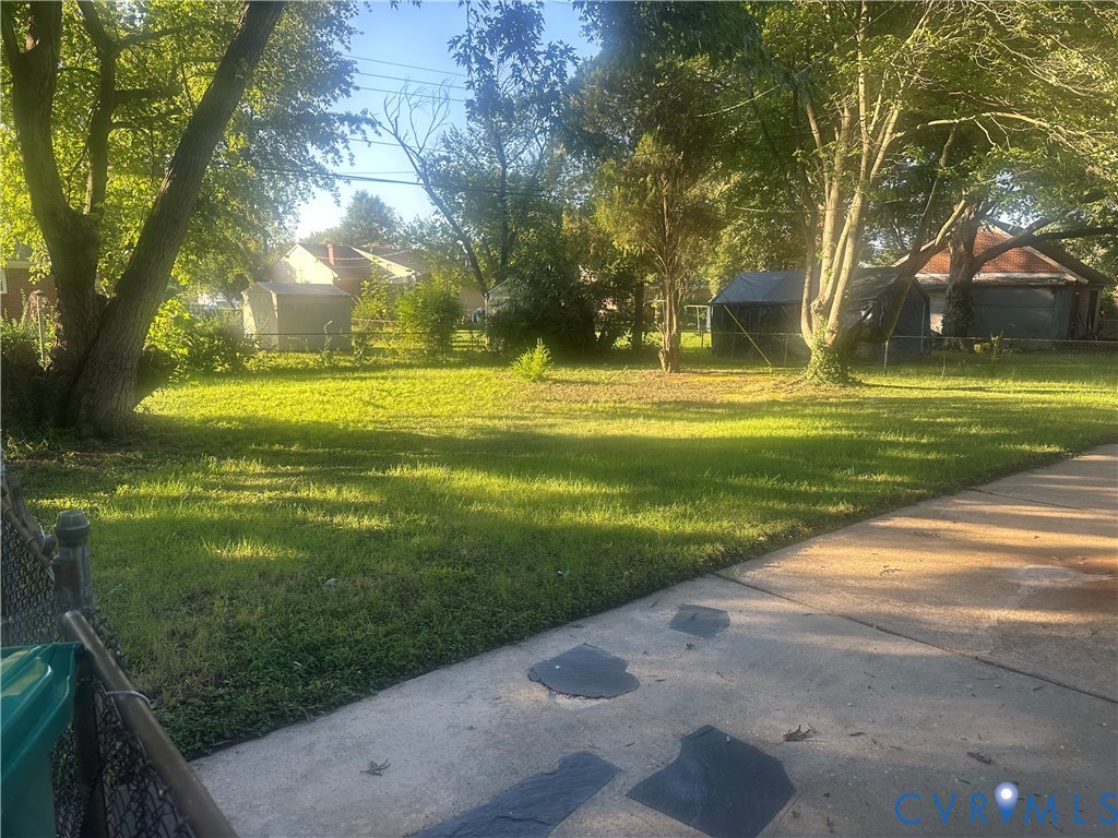 Expansive green lawn with mature trees and a concrete walkway Expansive green lawn with mature trees and a concrete walkway