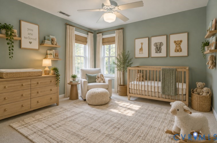 Recessed lighting, wood-finish shelving, natural light from multiple windows, ceiling fan, and carpeted flooring