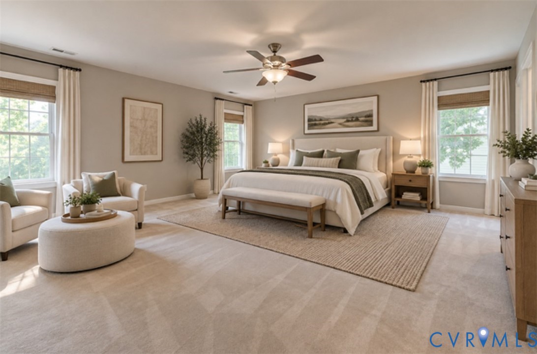 Carpeted flooring with an area rug, a ceiling fan with integrated lighting, multiple windows with blinds and drapery, and a neutral wall color