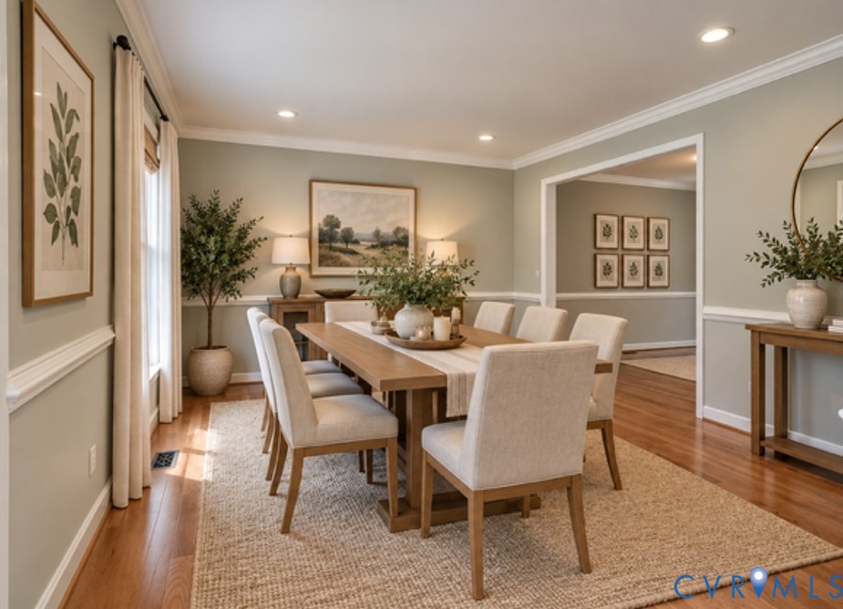 Recessed lighting, crown molding, wood-finish flooring, and chair rail detailing