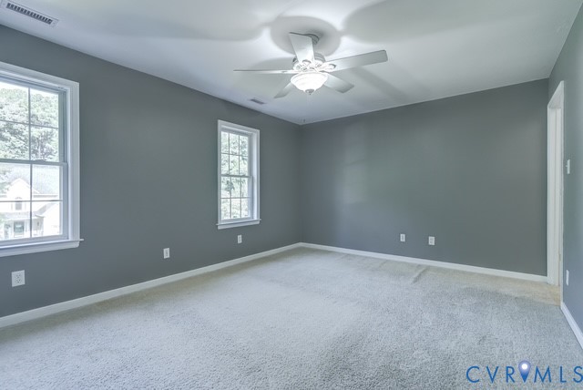 Neutral gray wall paint, white trim, and light-colored carpeting