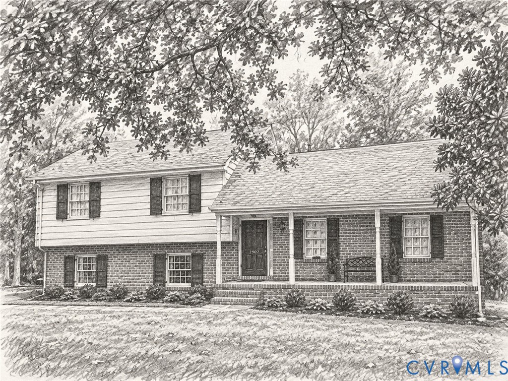 Brick and siding exterior with a covered front porch and mature landscaping.  Located on an cul de sac street