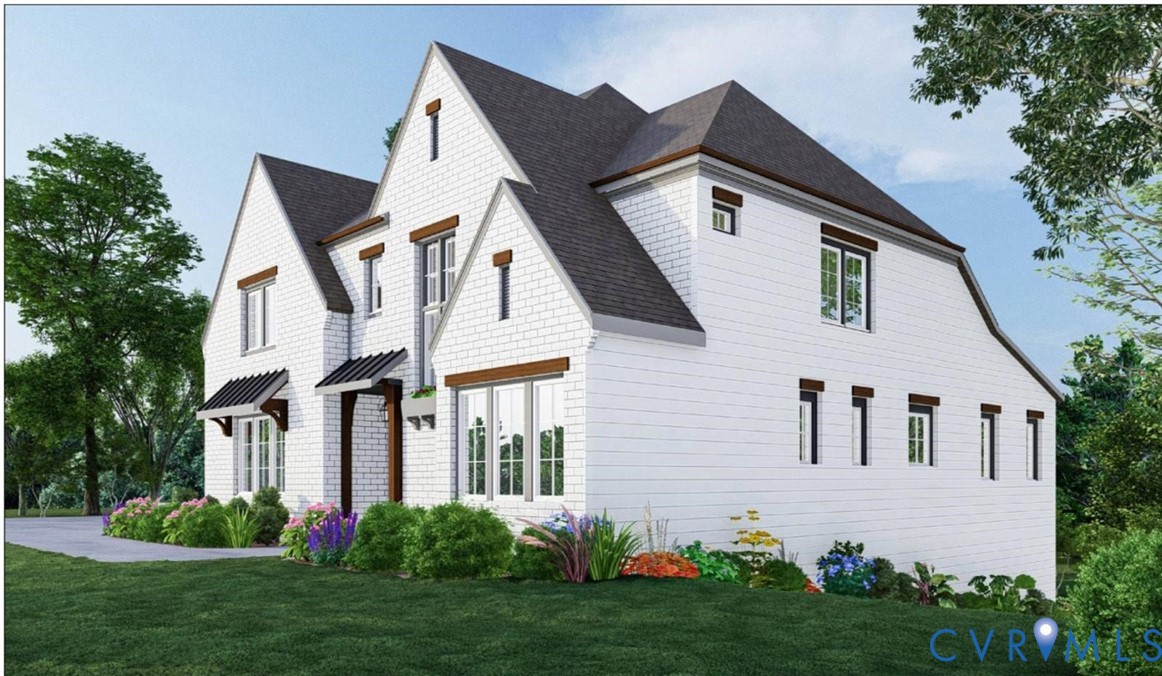 White brick and siding exterior with a dark shingle roof