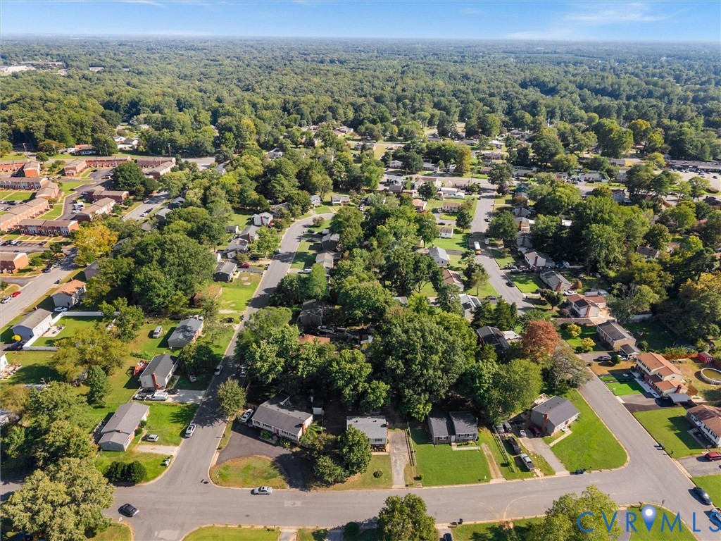 Residential neighborhood with mature trees and a clear sky backdrop