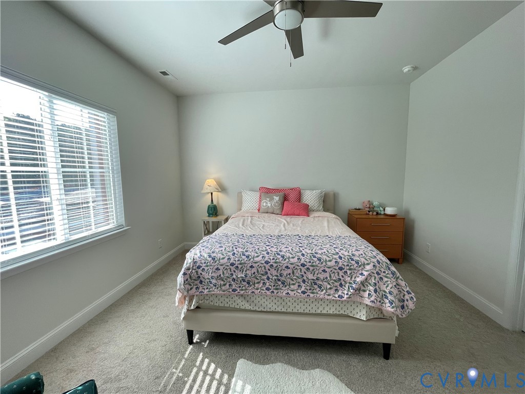 Recessed window with blinds, light gray wall paint, and gray carpet flooring