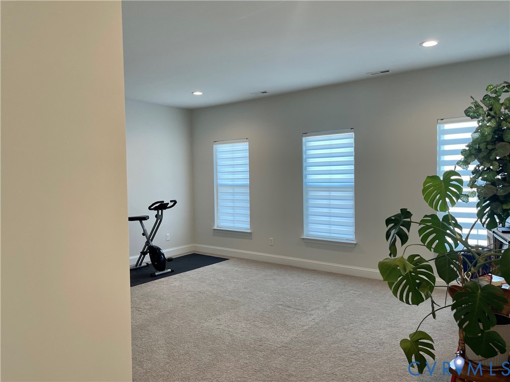 Recessed lighting, light-colored carpeting, and multiple windows with blinds