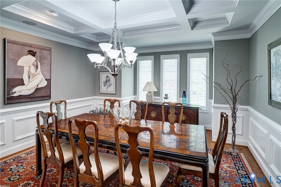 Coffered ceiling, decorative wainscoting, wood-finish flooring, multiple windows with blinds, and a chandelier lighting fixture