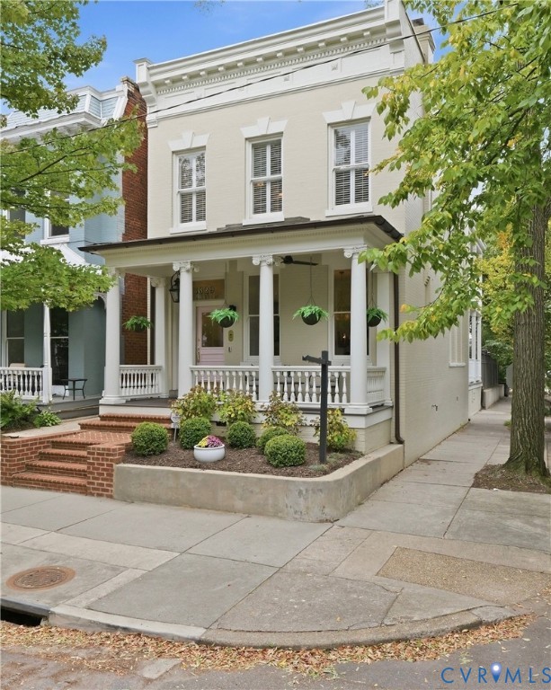 Two-story facade with decorative cornice detailing
