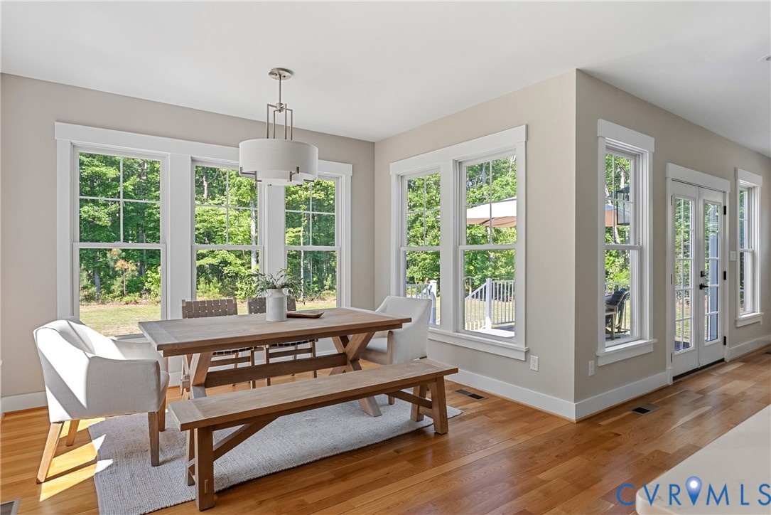 Hardwood flooring, multiple large windows, a drum pendant light fixture, French doors, and neutral wall tones