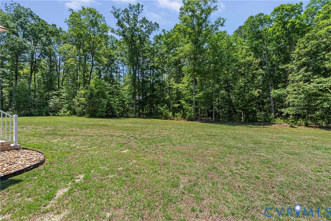 Expansive green lawn with mature tree backdrop and decorative rock landscaping
