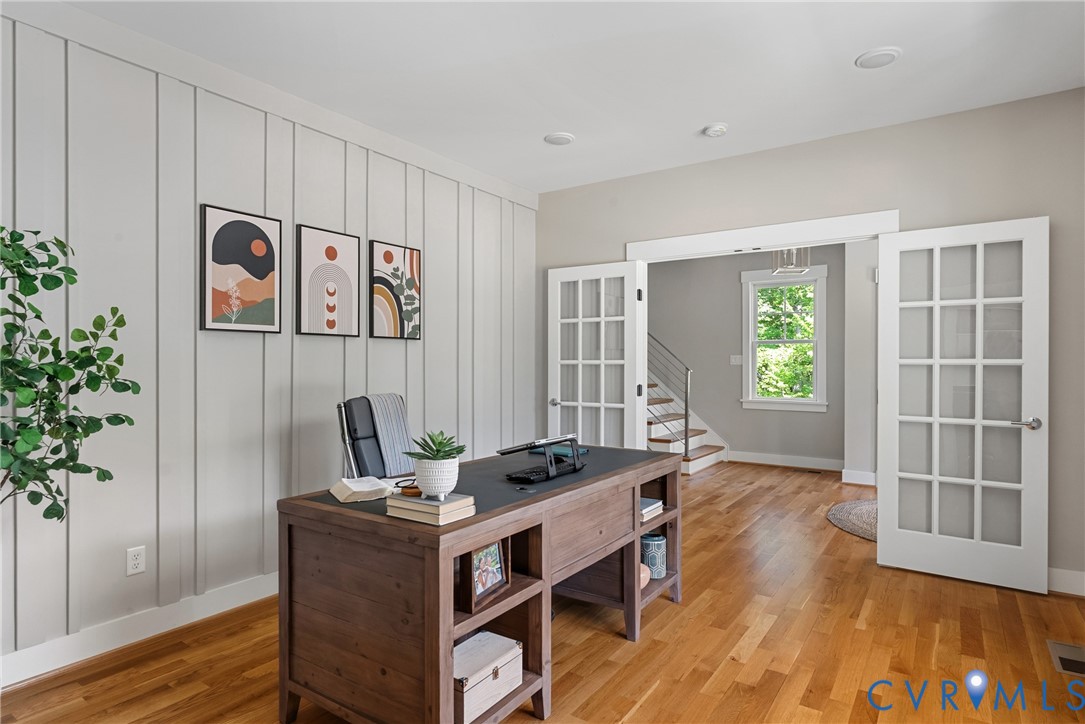 Board and batten wall accent with recessed lighting