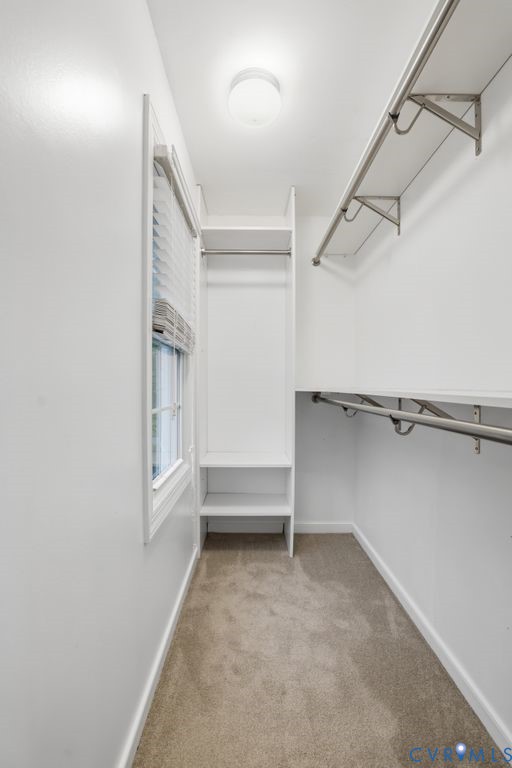 Walk-in closet featuring built-in shelving, chrome hanging rods, a window with blinds, overhead lighting, and carpet flooring