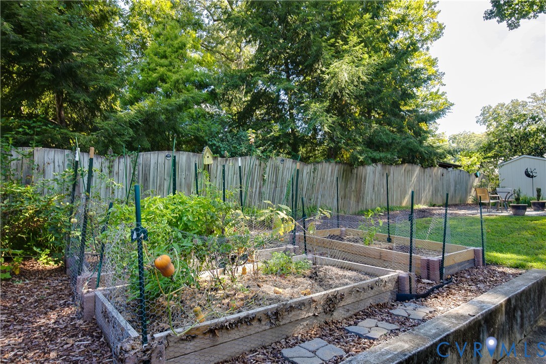 Raised garden beds, wood privacy fencing, mature perimeter trees, and a concrete patio with a storage shed