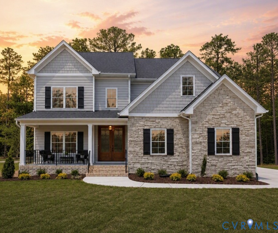 Stone and siding exterior with gabled roof lines