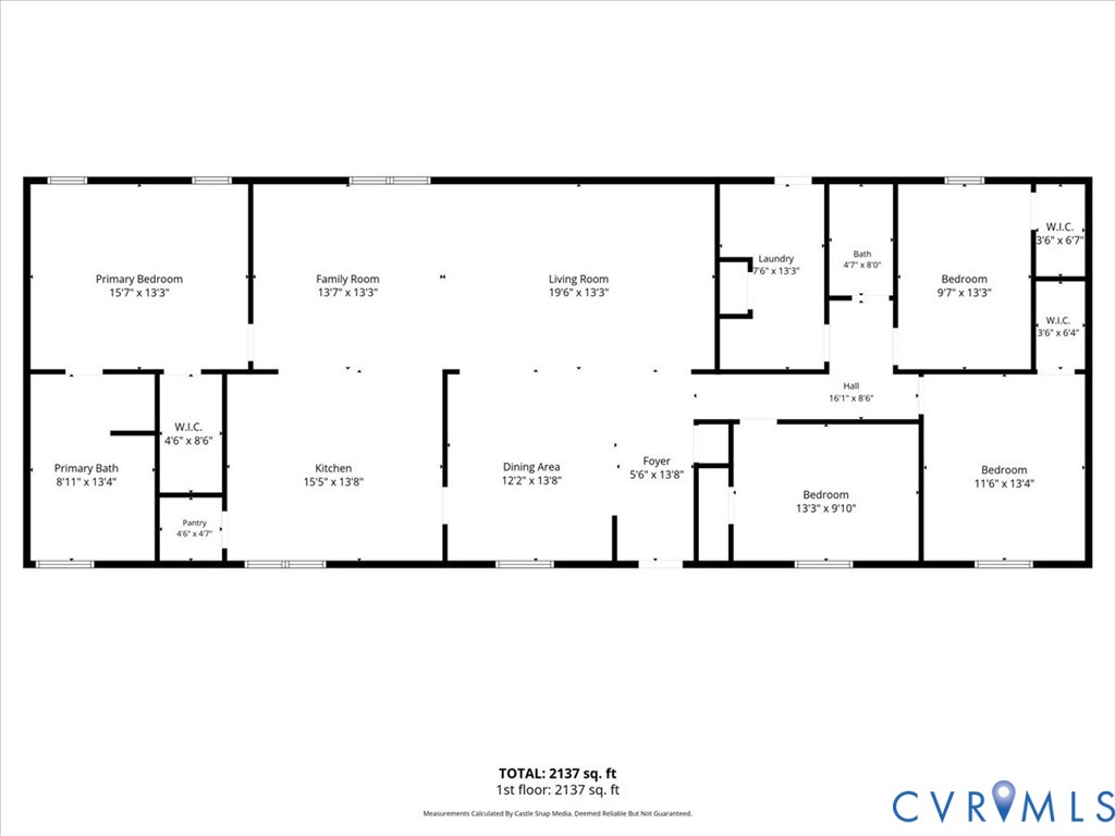 Floor plan shows layout of 2,137 sq. ft--4 Bedrooms/2 Full Baths