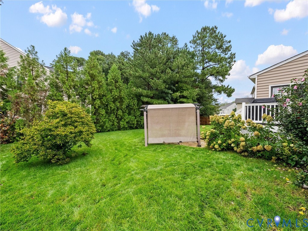 Expansive lawn area with mature trees and established shrubs
