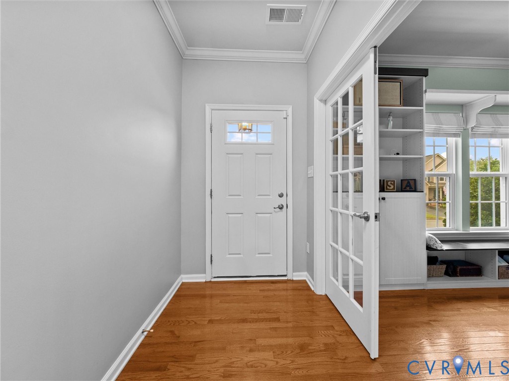Wood-finish flooring with crown molding