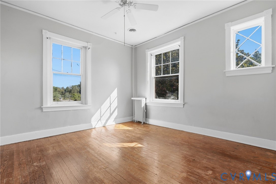 Wood-finish flooring with white trim