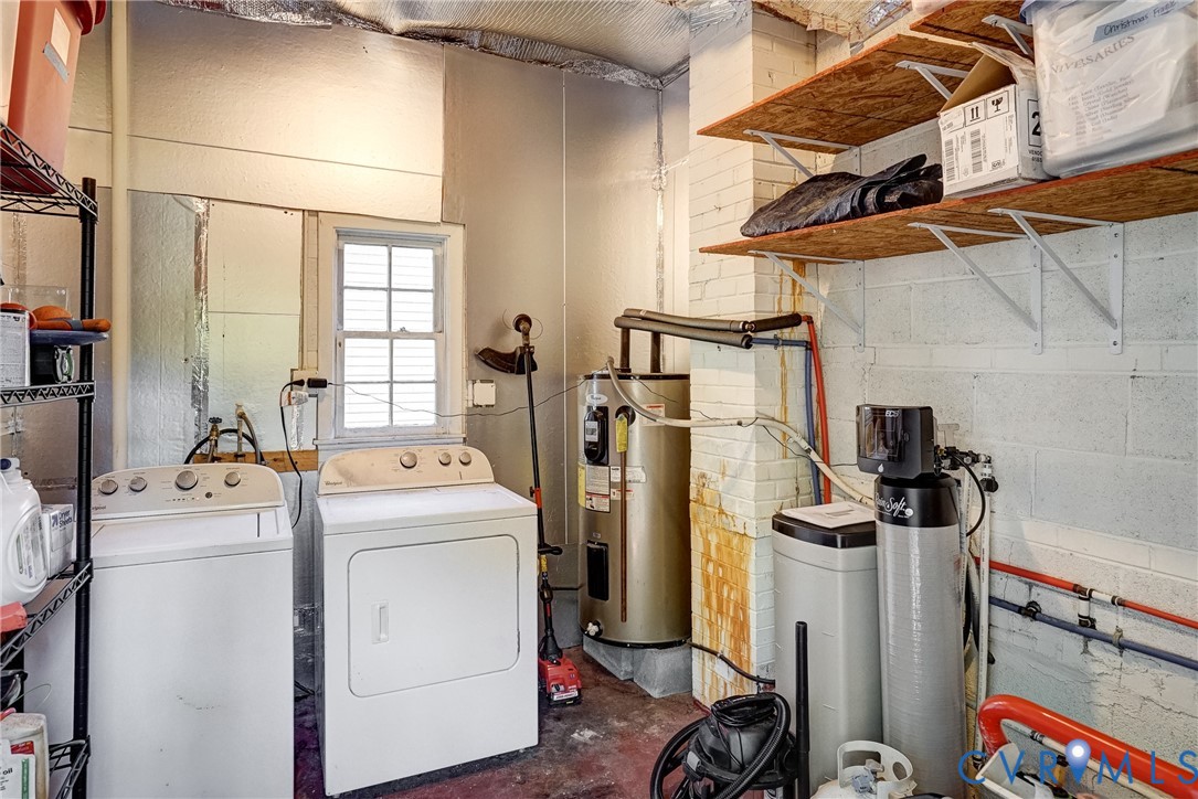 Utility area with a window, water heater, and built-in shelving