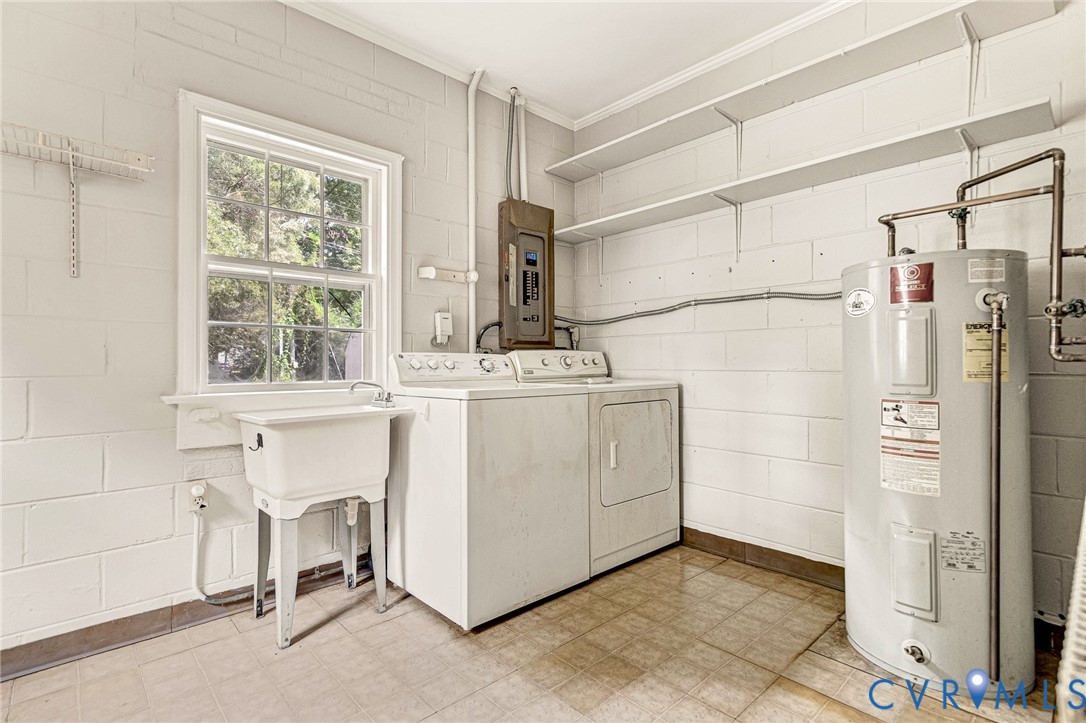 Utility room with a single window, a utility sink, and wall-mounted shelving