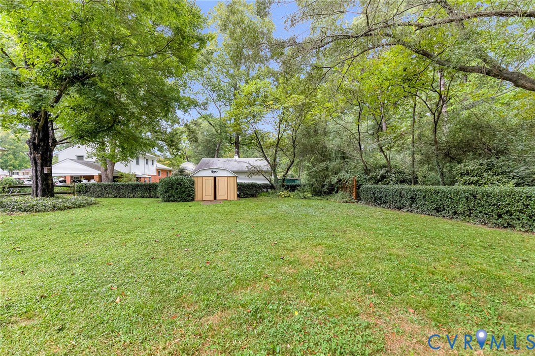 Expansive backyard featuring a manicured lawn, mature trees, and privacy hedging
