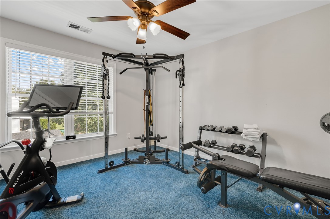 Room with blue carpet, a window with blinds, and a ceiling fan with integrated lighting
