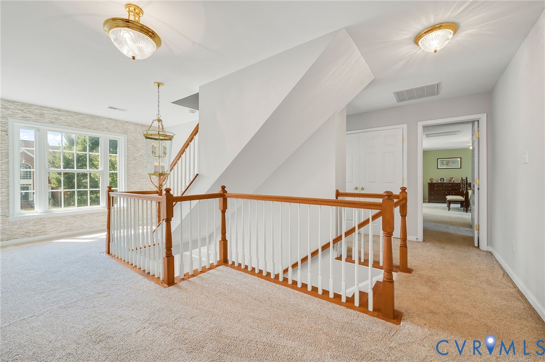 Spacious upper-level landing featuring hardwood railings with white spindle detailing, neutral carpet flooring, and abundant natural light from multi-pane windows