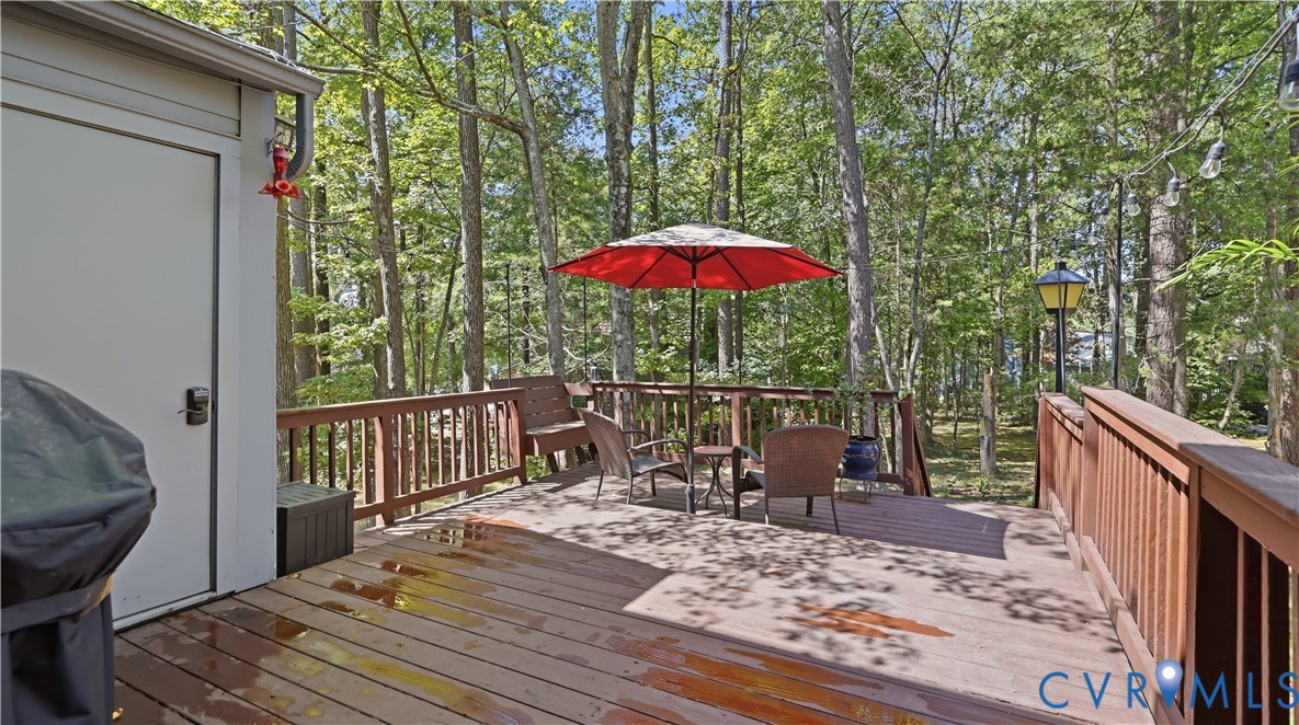 Expansive wood-finish deck with integrated privacy fencing, mature tree backdrop, and permanent exterior lighting