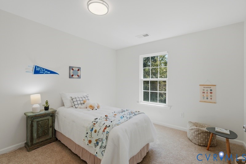 Carpeted flooring, white walls, double-hung window, and a flush mount ceiling light fixture
