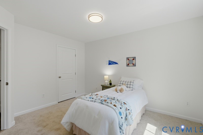 Recessed panel door with polished hardware, neutral carpeting, and a flush mount ceiling fixture
