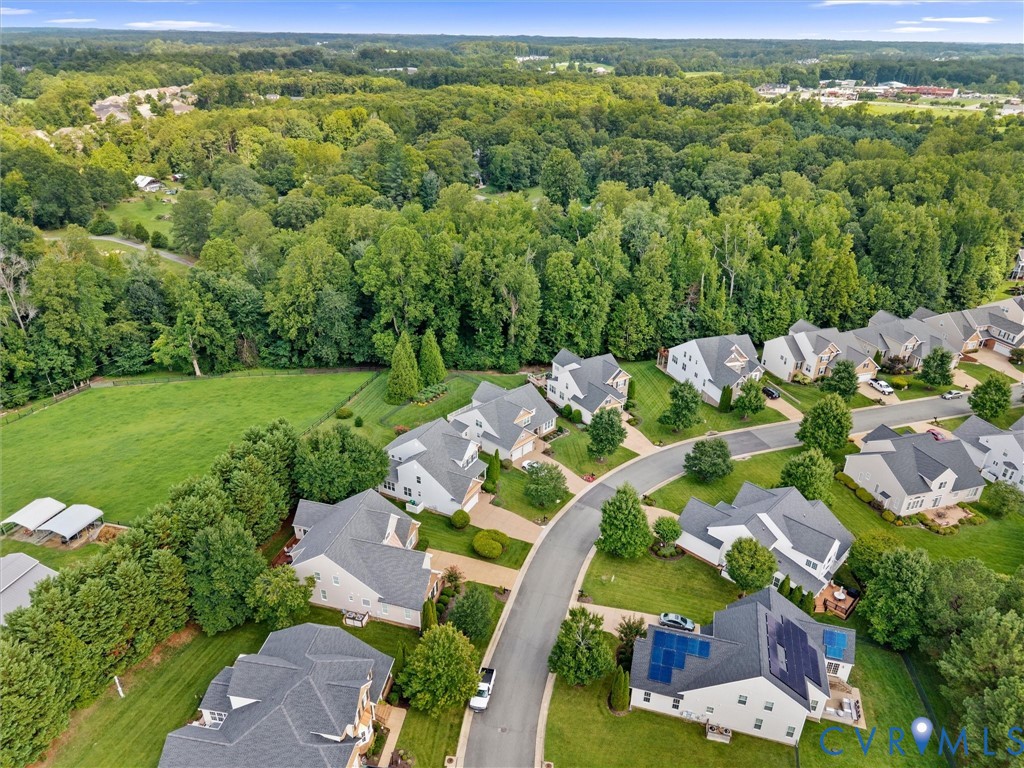 Residential community featuring detached homes, mature landscaping, and surrounding wooded areas