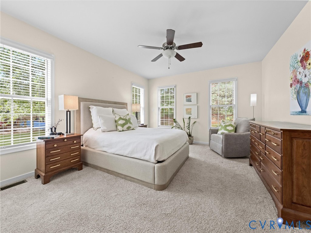 Soft neutral carpet flooring, multiple windows, a ceiling fan, and light-toned walls
