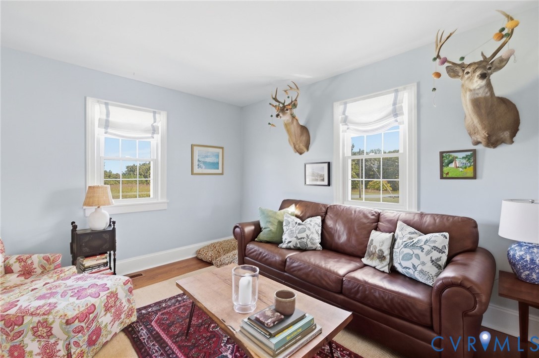 Light blue wall finish complemented by classic white trim, warm wood-finish flooring, and white window treatments