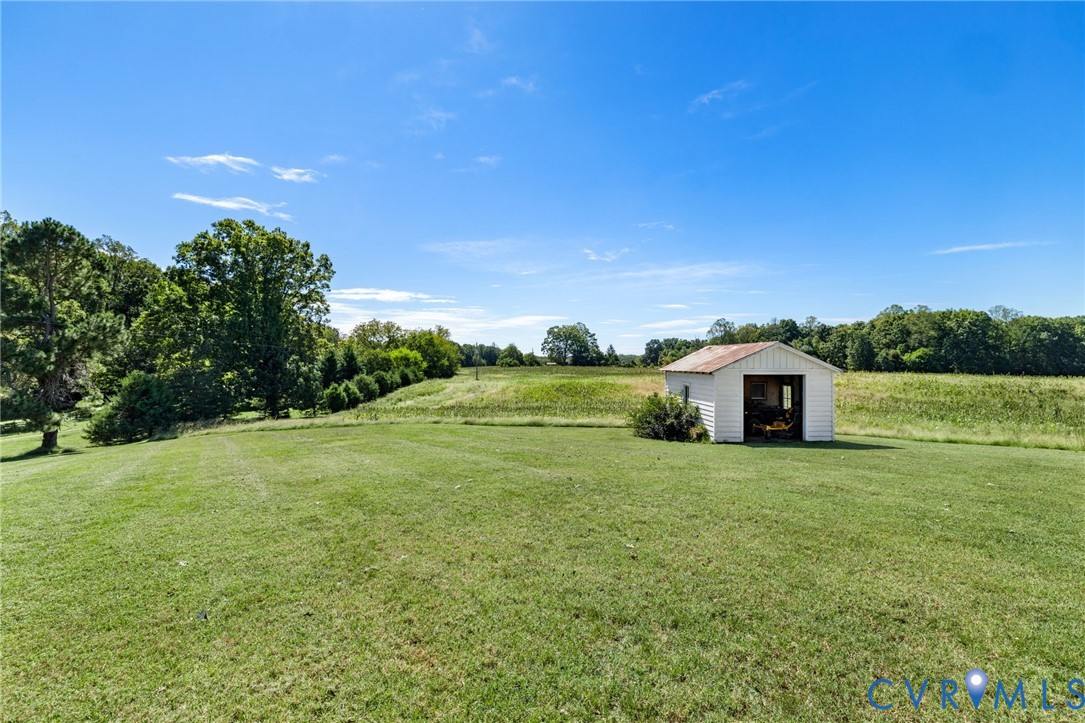 Expansive grassy grounds with a detached storage shed, framed by mature trees and natural landscaping