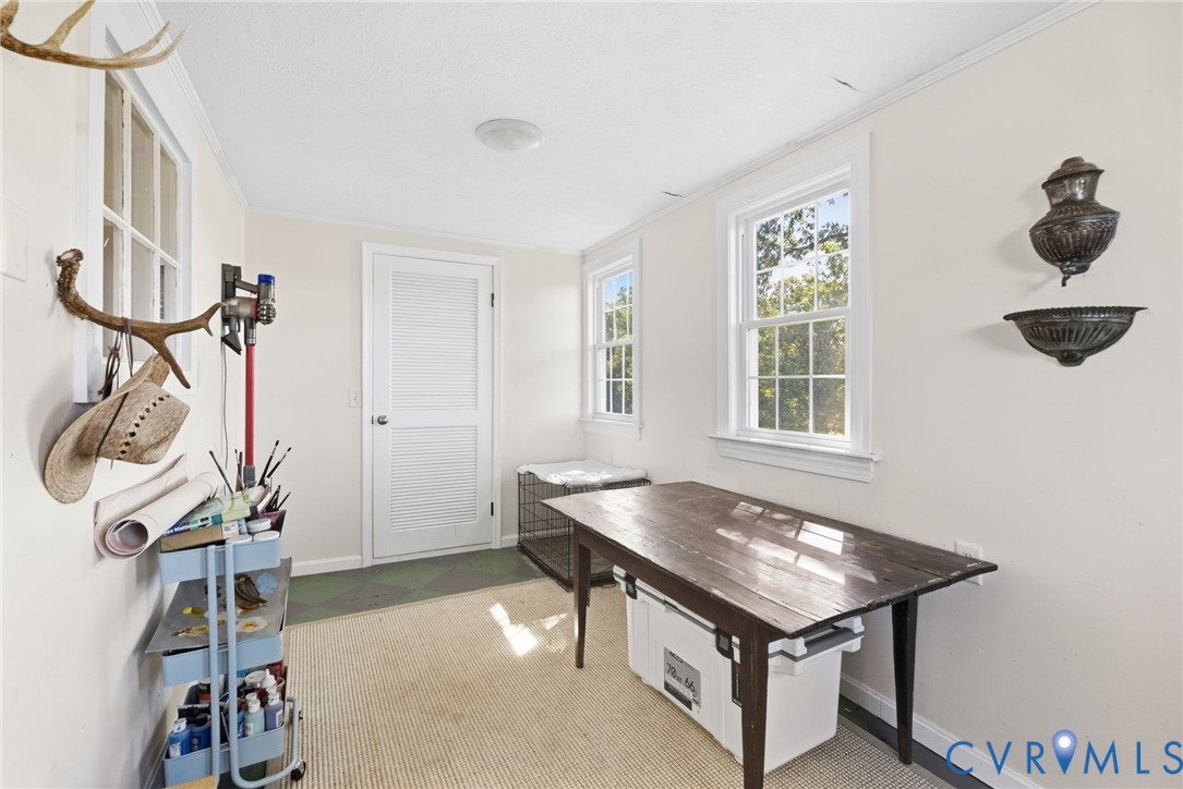White painted walls, multiple single-hung windows, a white louvered door, a flush-mount ceiling light fixture, and crown molding