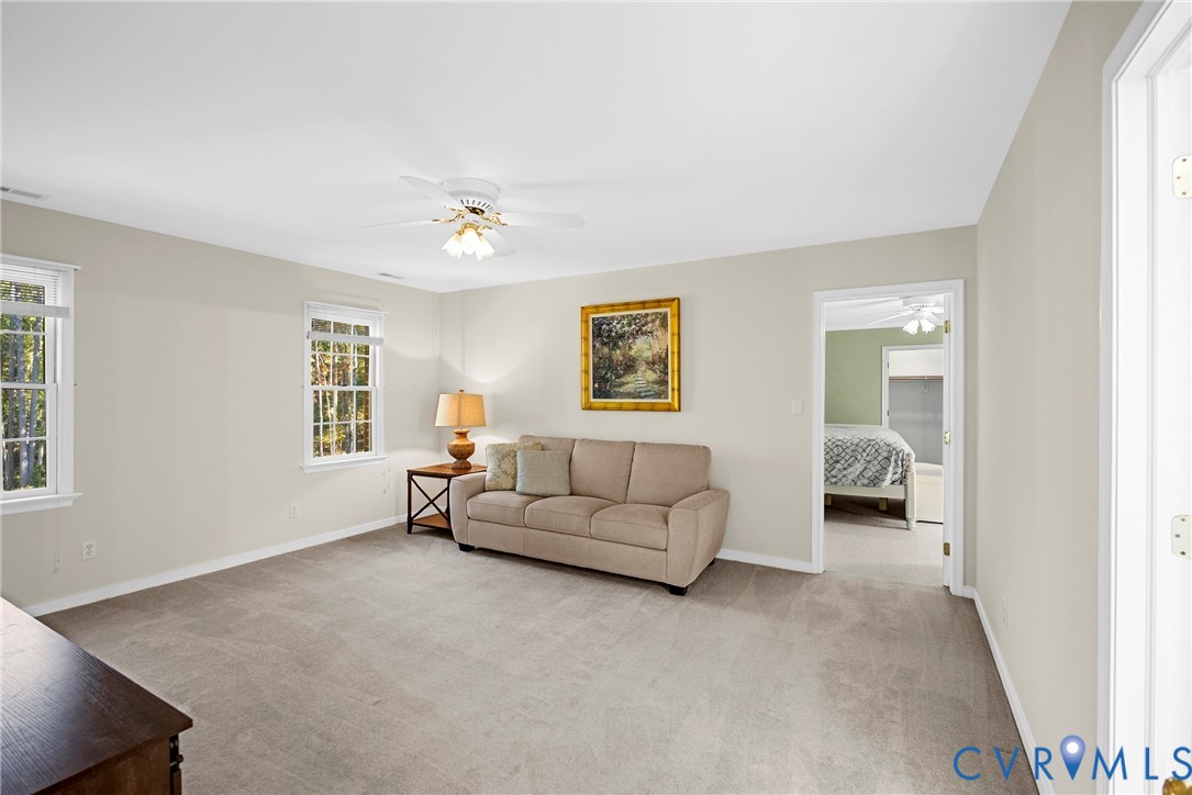 Neutral-toned living space featuring wall-to-wall carpeting, multiple windows with grid detailing, and a white ceiling-mounted fan with light fixture