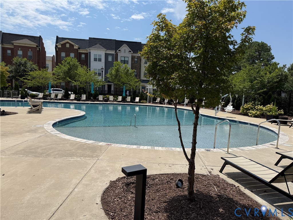 Curved swimming pool with concrete decking and landscaping