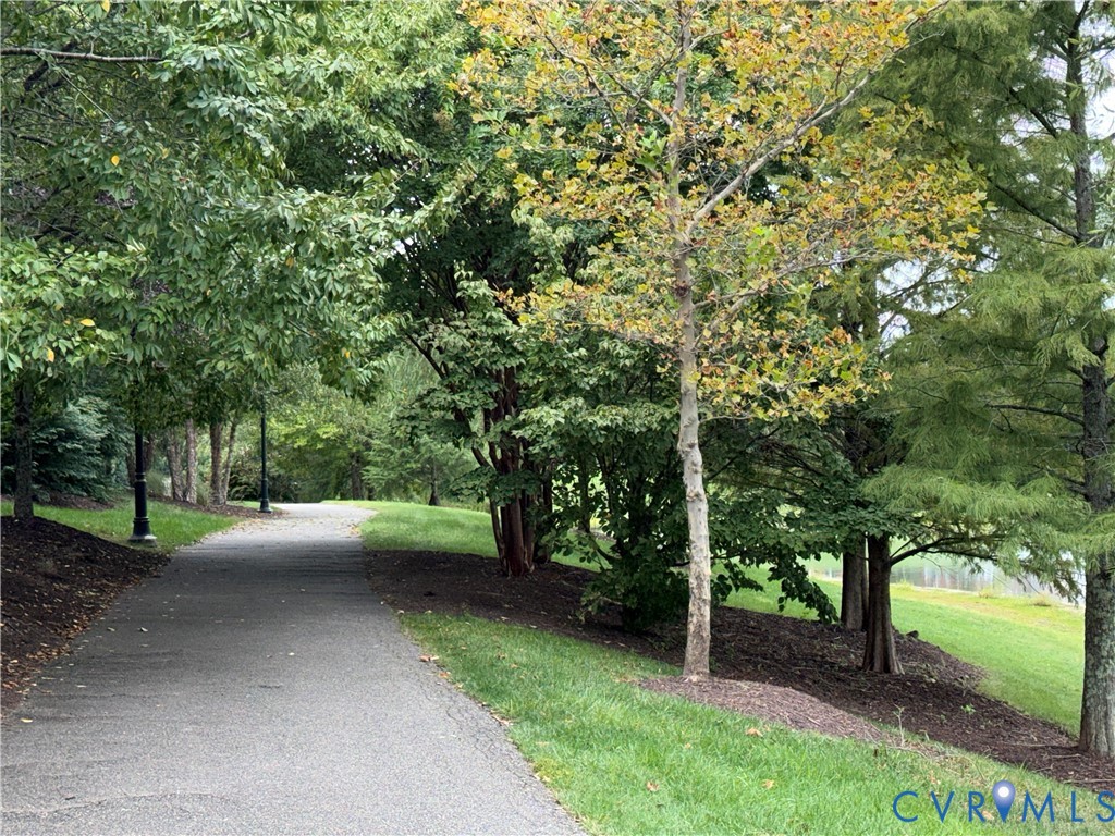 Paved pathway bordered by manicured lawns and mature trees