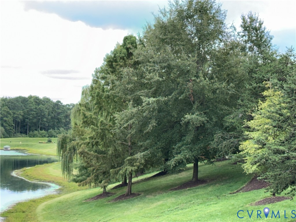 Sloping lawn leading to a tranquil body of water, bordered by mature trees and lush natural landscaping