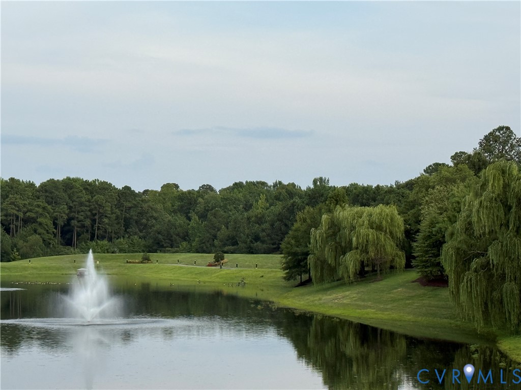Water feature with fountain, surrounding mature trees, and landscaped grounds