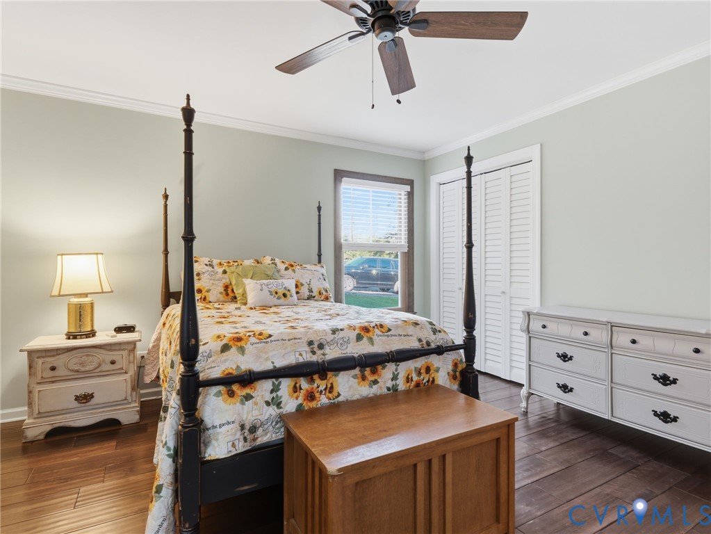 Neutral wall palette with crown molding, wood-finish flooring, ceiling fan with light fixture, and bi-fold closet doors