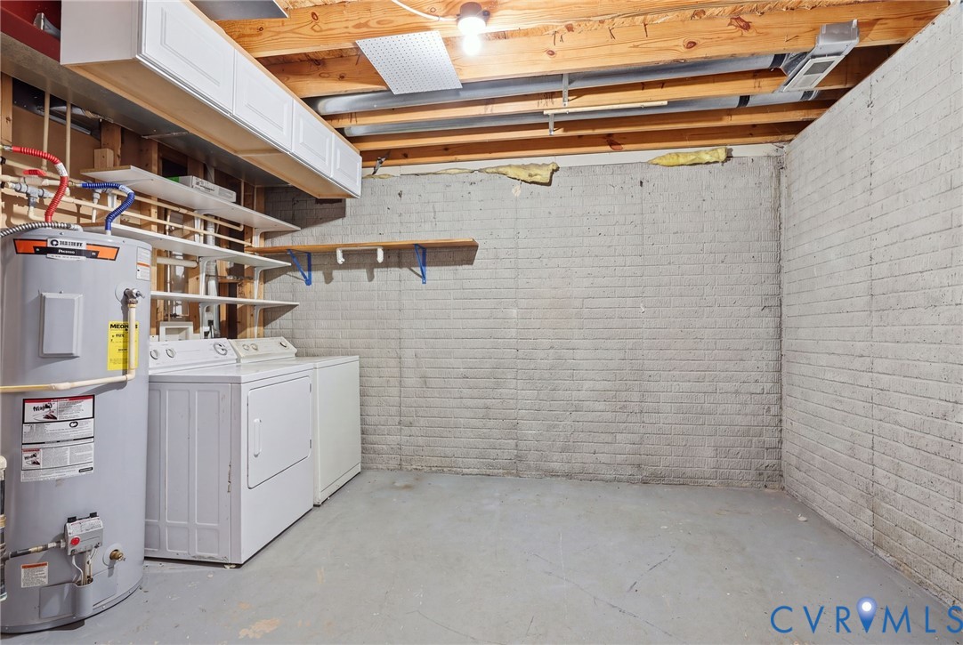 Utility area featuring painted masonry walls, exposed wood ceiling joists, wall-mounted shelving, and concrete flooring