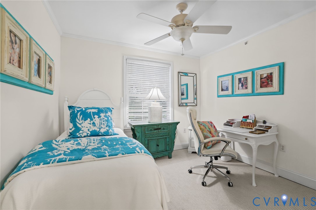 Neutral interior room featuring wall-to-wall carpeting, a multi-blade ceiling fan, and horizontal window blinds